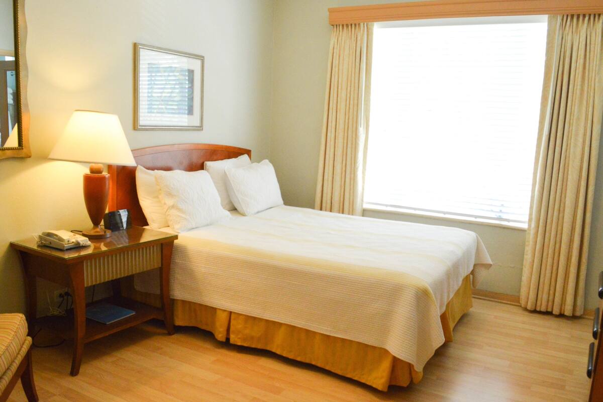 A hotel room with a bed, a bedside table with a lamp, a chair, and a window with curtains.