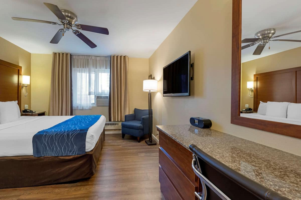 A hotel room with a bed, a desk, a chair, a TV, a ceiling fan, and a large mirror.