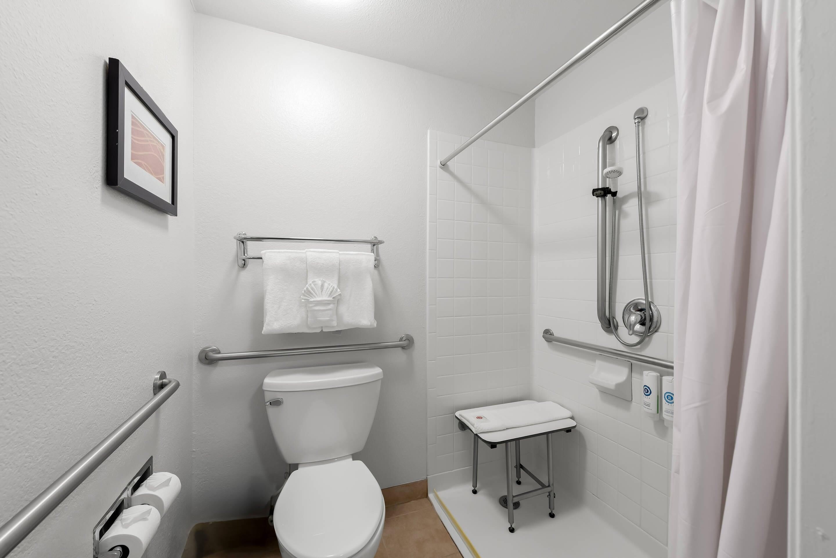 Un baño moderno con inodoro, ducha con cabezal de ducha de mano, barra de apoyo y un pequeño taburete.