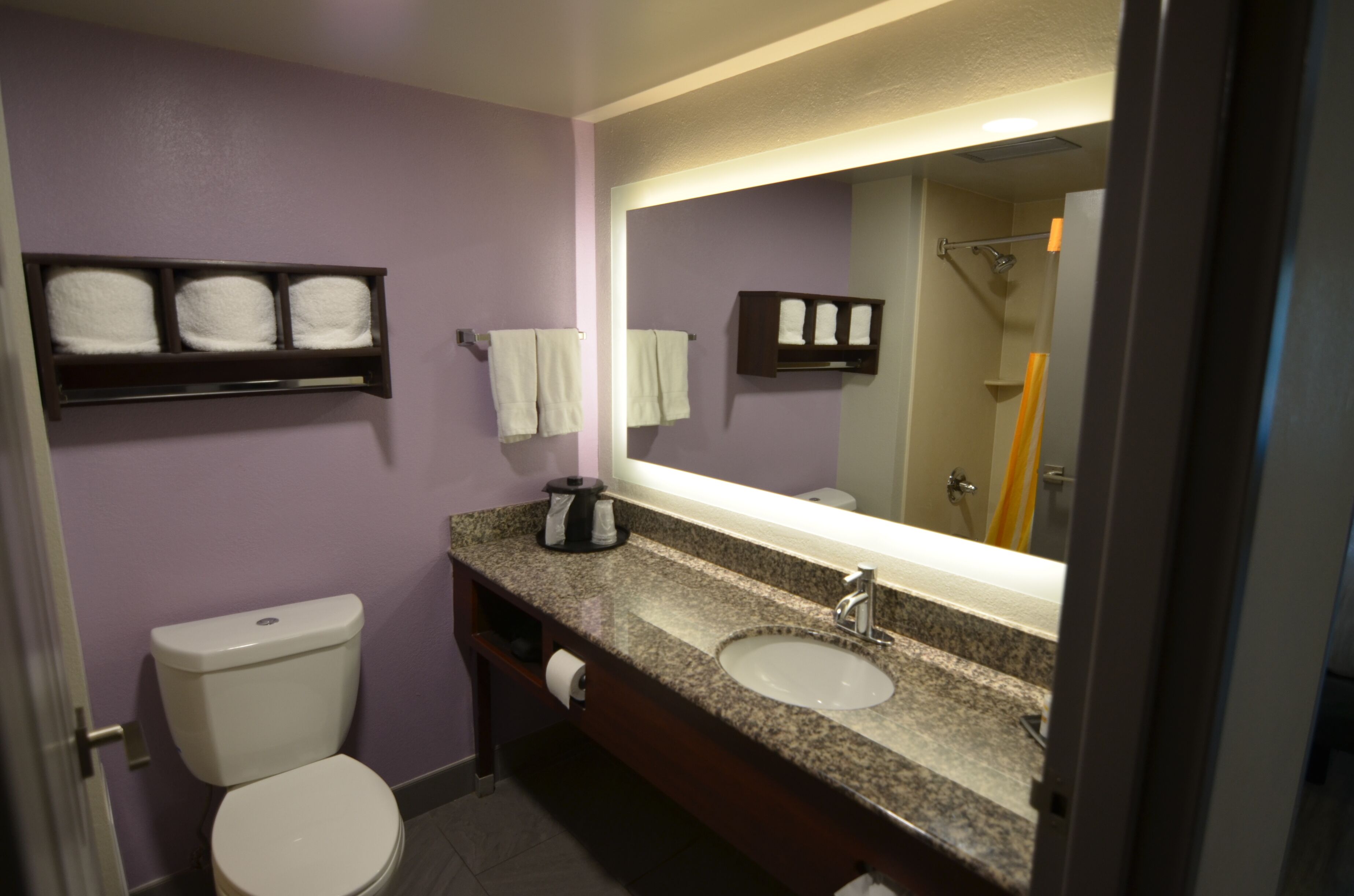 combined shower/bathtub, free toiletries, hair dryer, towels