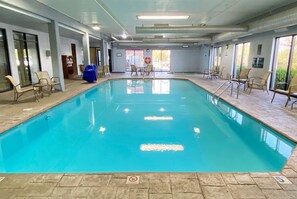 Indoor pool, open 6:00 AM to 10:00 PM, pool loungers