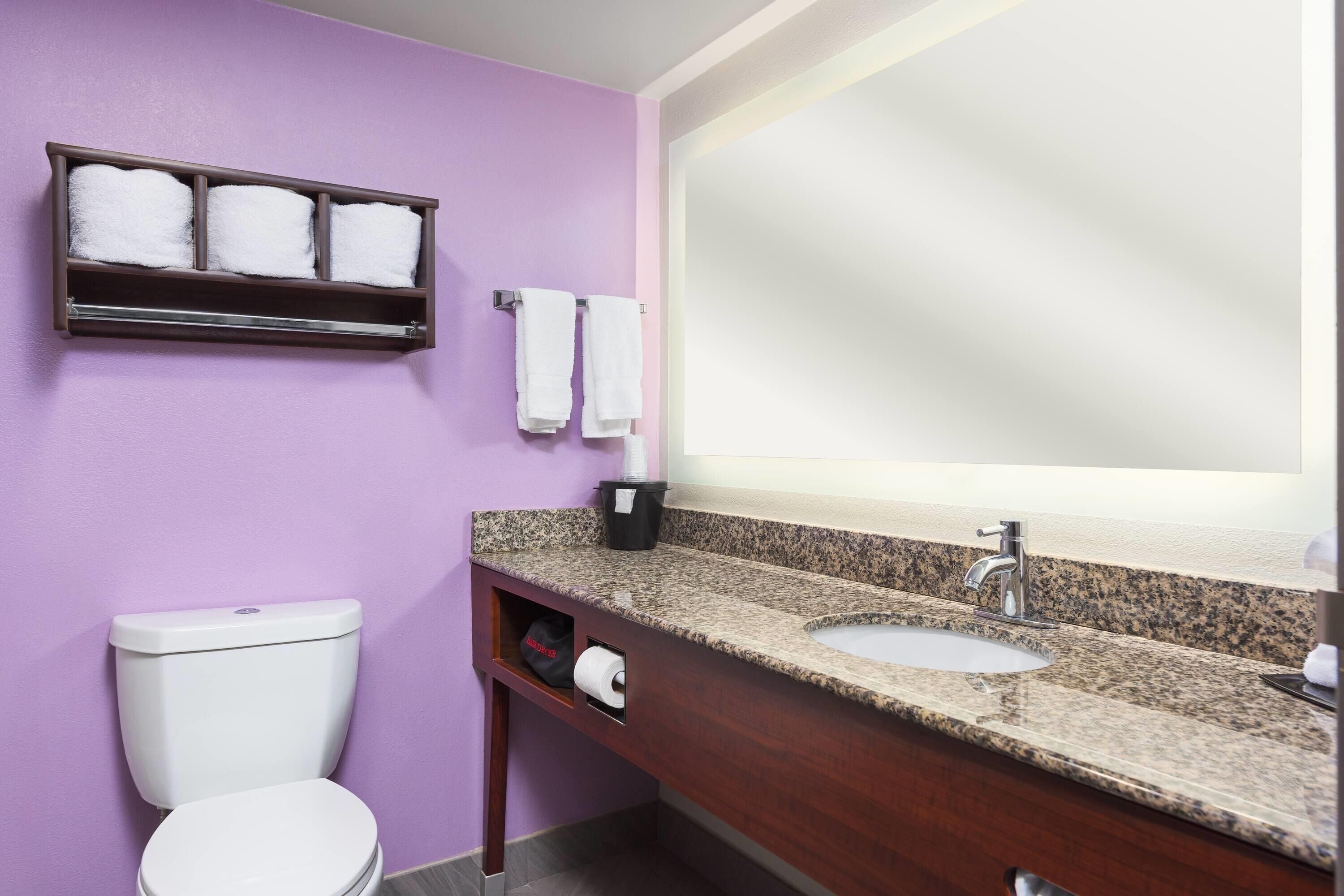 Un baño con inodoro, lavamanos y toallero.