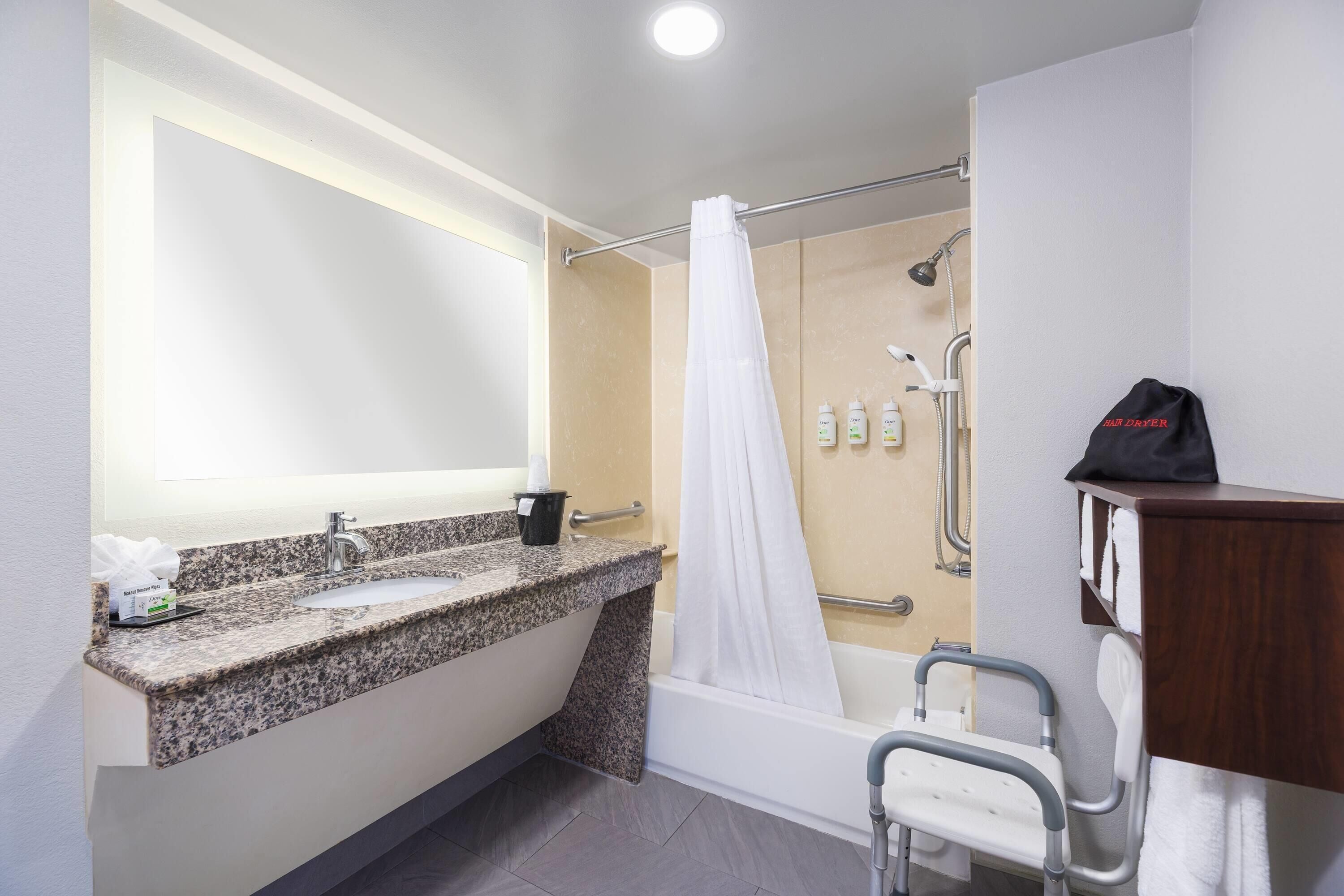 Une salle de bain équipée d’un lavabo, d’un miroir, d’une douche et d’un accès pour fauteuil roulant.