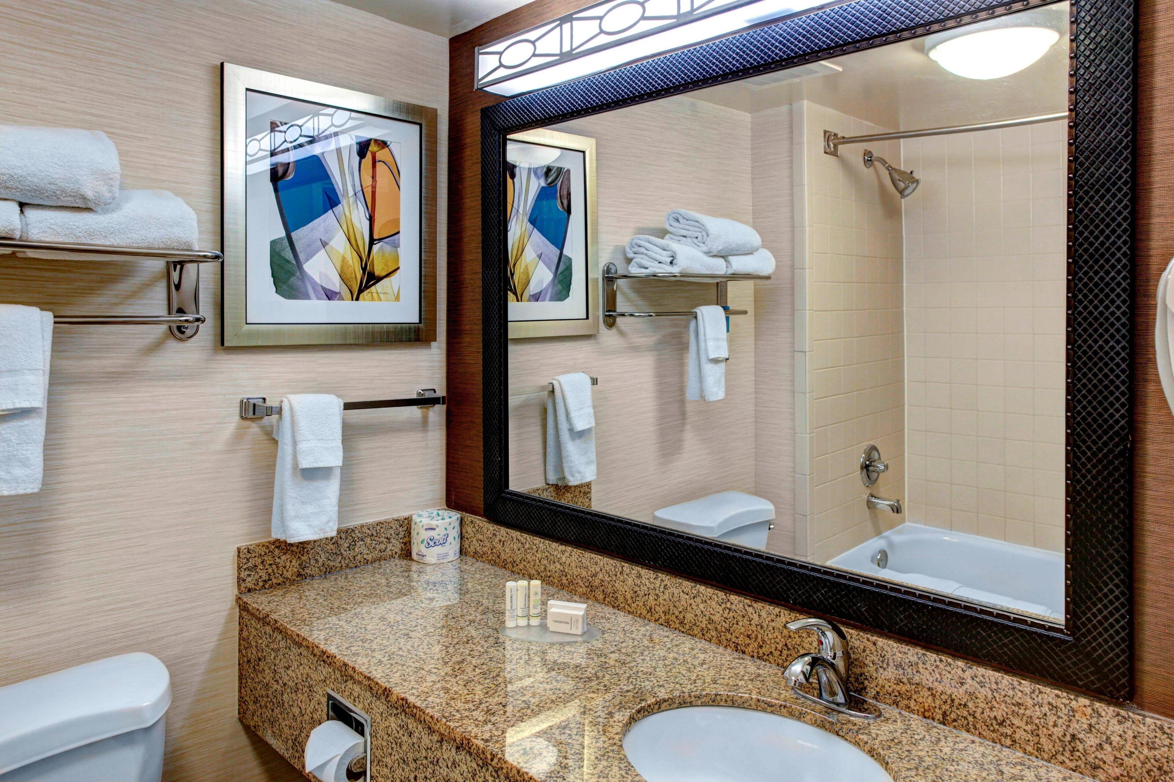 hair dryer, towels, soap, shampoo