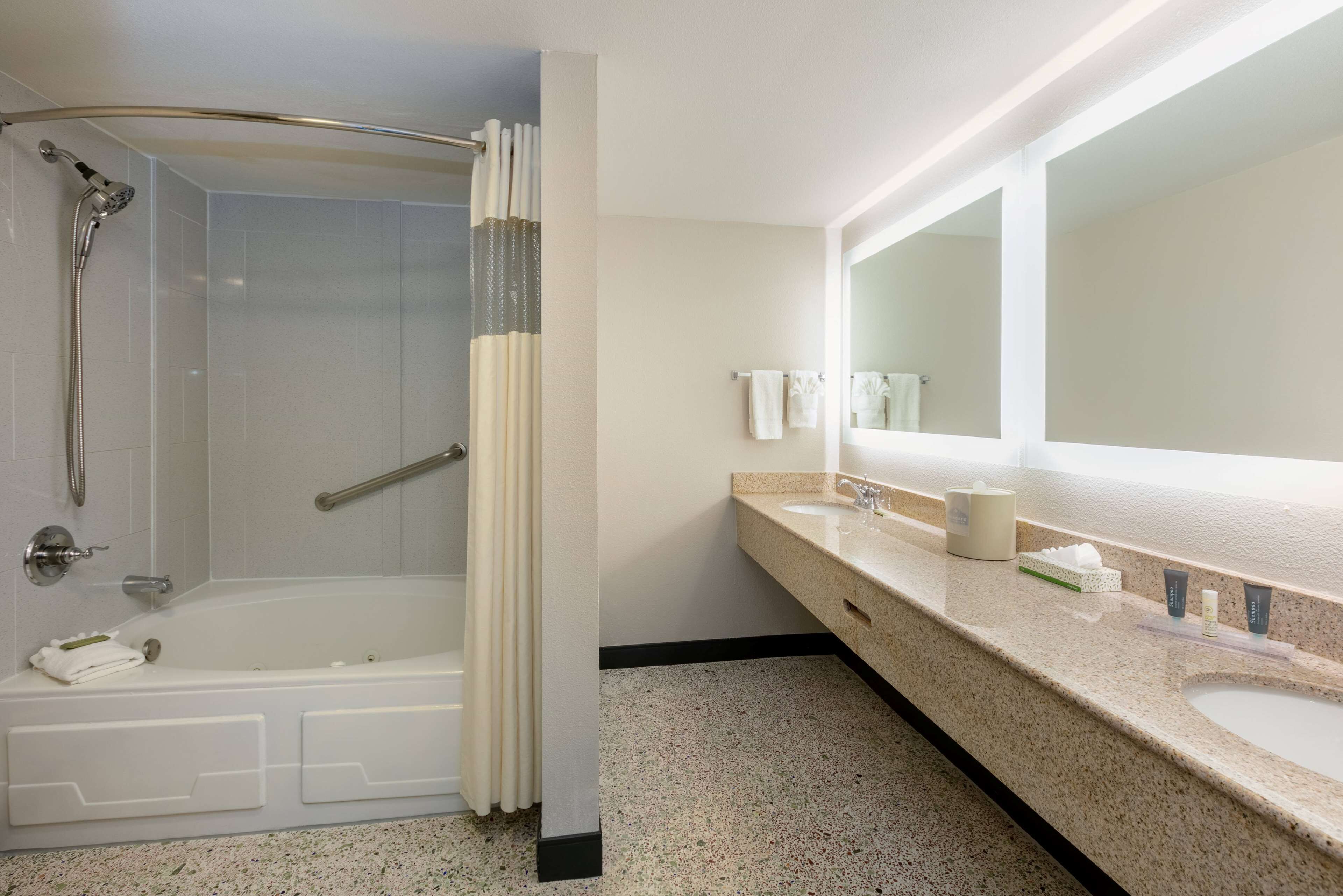 Een moderne badkamer met een badkuip, douche en wastafel.