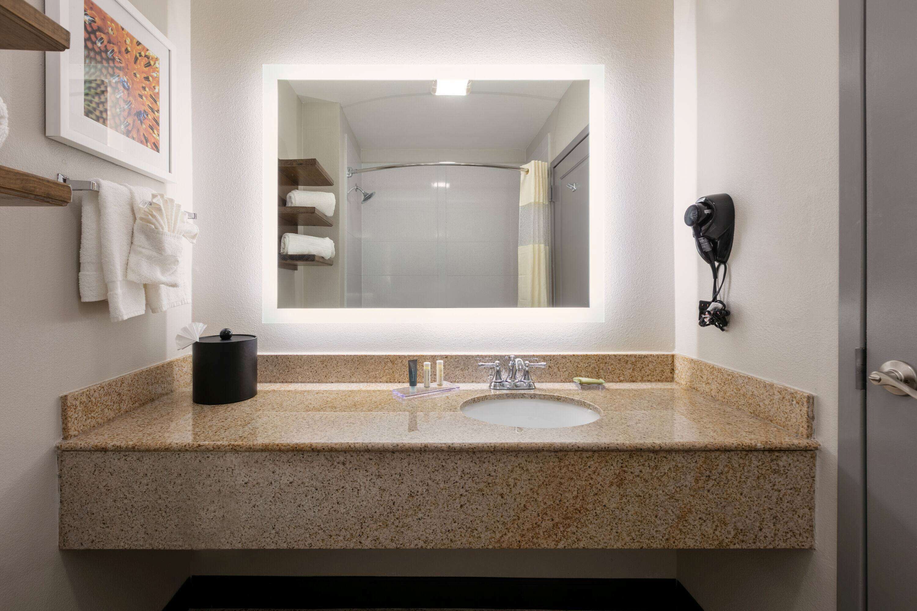 A bathroom with a granite countertop, a sink, a mirror, a hairdryer, and a framed picture on the wall.