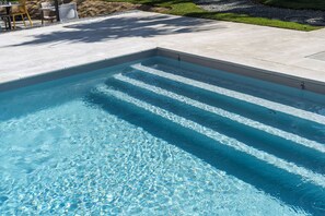 Outdoor pool, open 9:00 AM to 8:00 PM, pool umbrellas, sun loungers