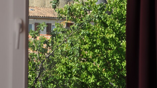 A view of a castle with three towers through a window, surrounded by greenery. - Hotel Espace Cité (Carcassonne)
