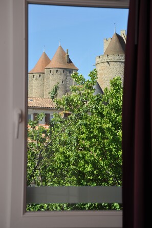 Ein Blick auf eine Burg mit drei Türmen, die von viel Grün umgeben ist, durch ein Fenster hindurch.