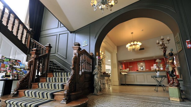 A grand staircase with a patterned carpet, a chandelier, and a statue. - Hôtel de Bourgogne (Macon)