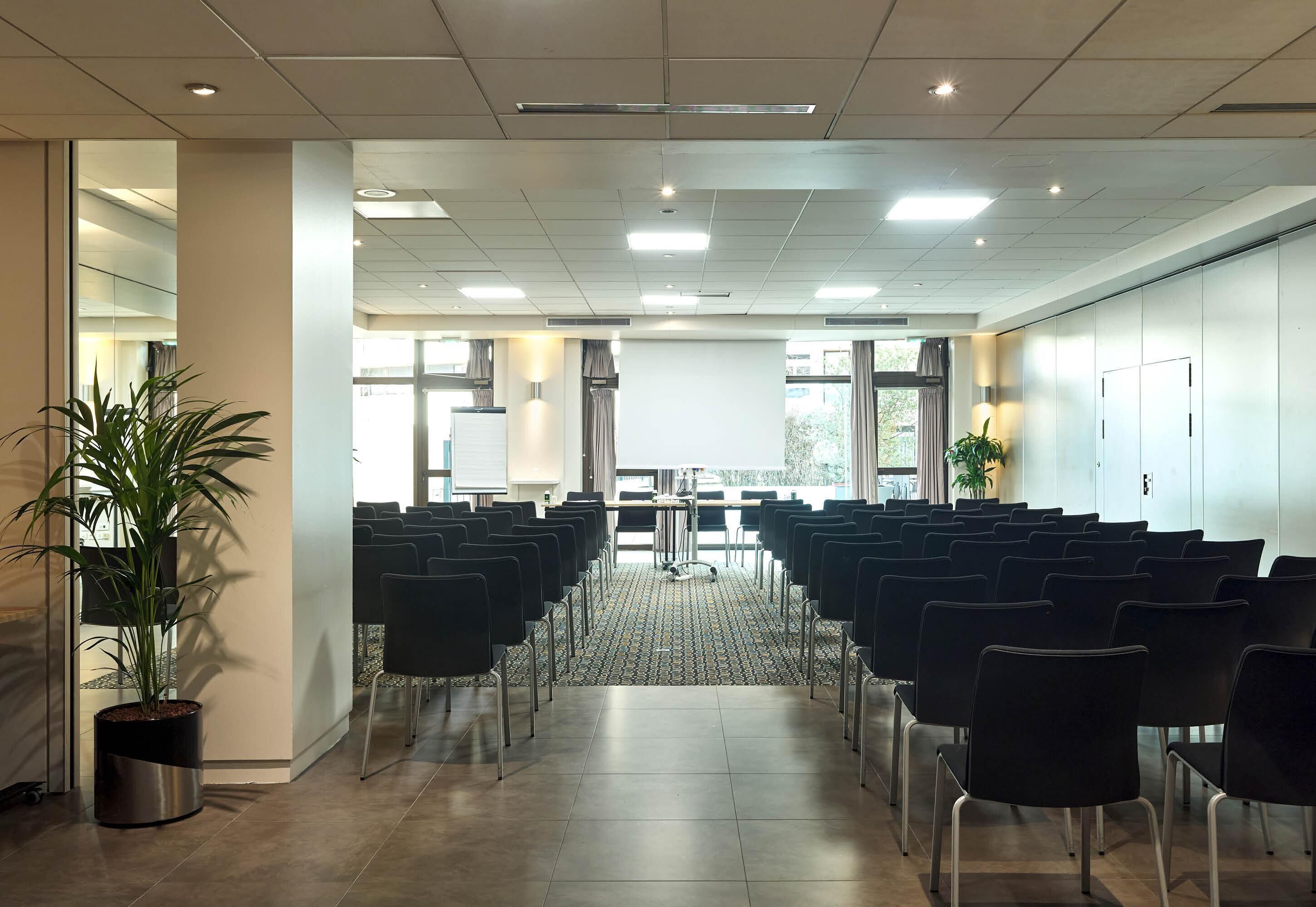 Un salón de conferencias con filas de sillas, una pantalla de proyector y una planta en maceta.