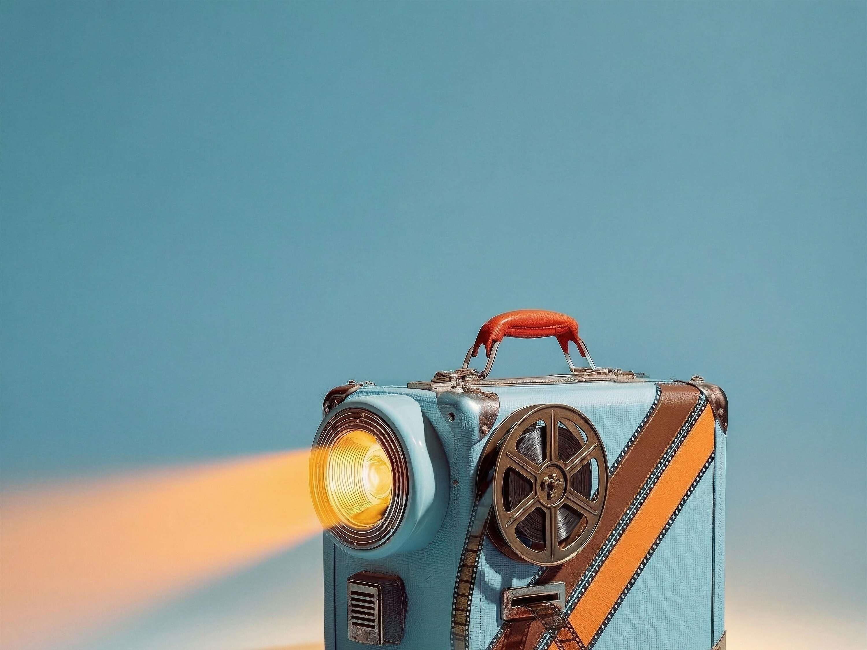 A vintage suitcase with a handle, wheels, and a light on the side.