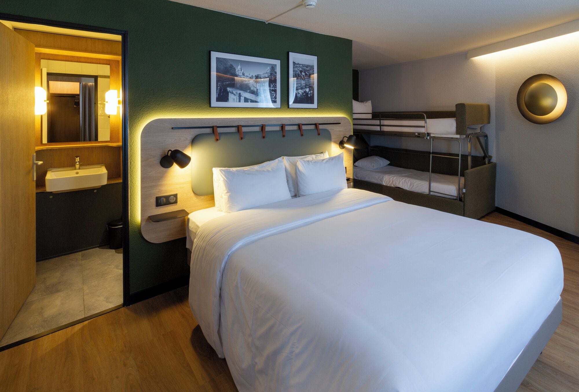 Standard Room - 1 Queen Bed with Sofa Bunkbed (1 place) | Premium bedding, desk, soundproofing, free cribs/infant beds