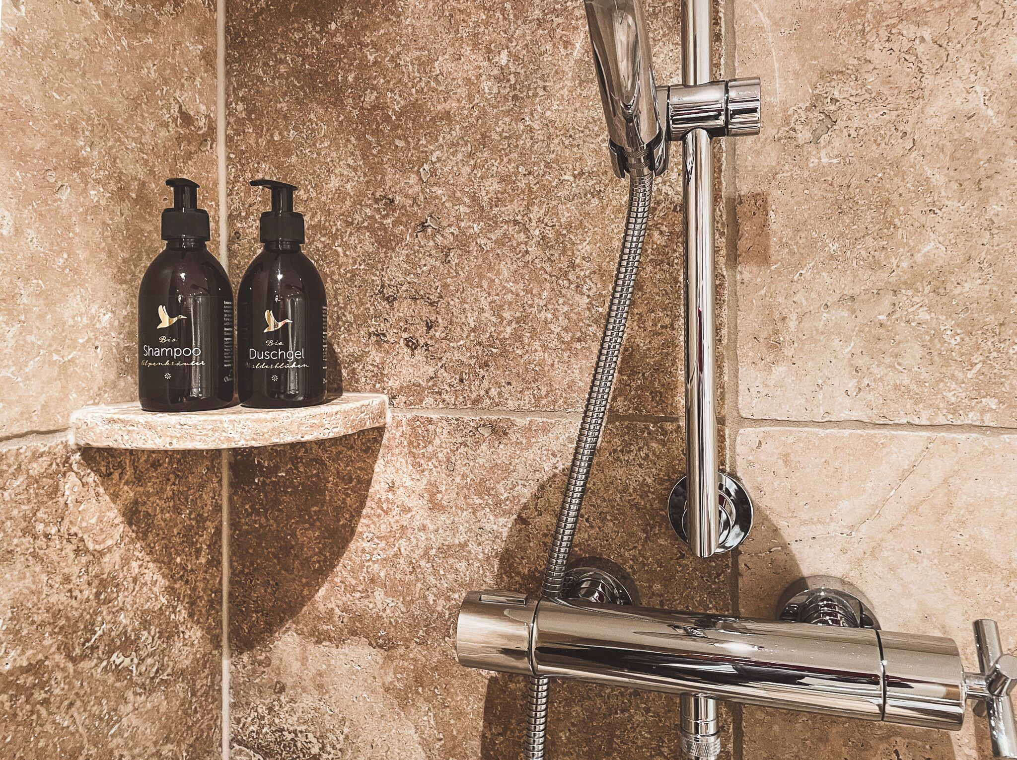 A shower area with a chrome faucet and a handheld showerhead. Two bottles of shampoo and a bottle of dish soap are placed on a shelf.