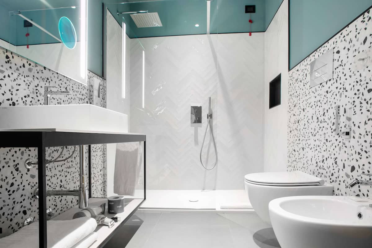 free toiletries, hair dryer, bathrobes, bidet