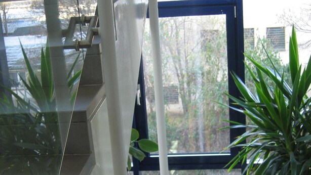 A staircase with a glass railing, potted plants, and a view of a parked car through a large window.
