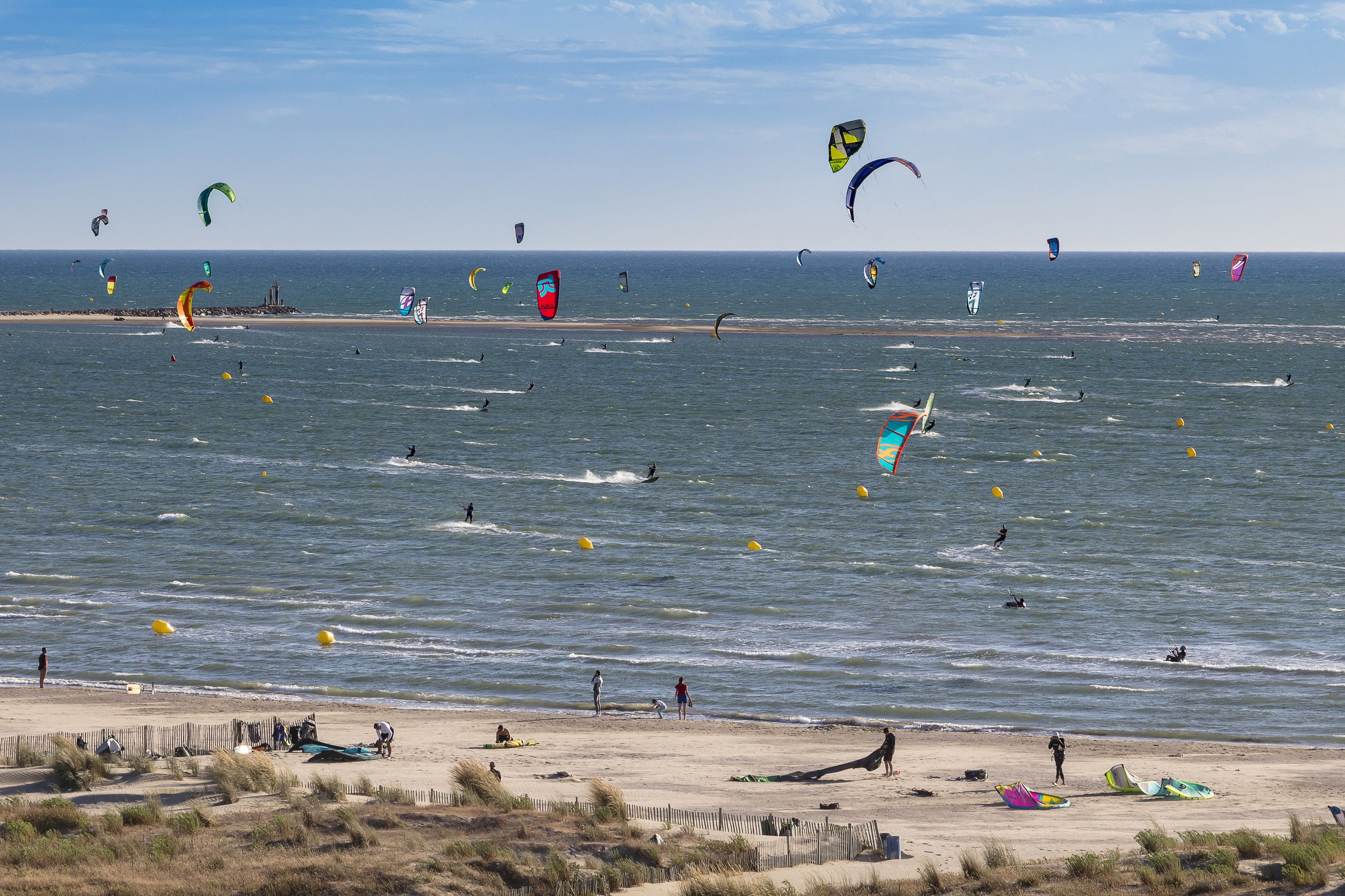 Una playa con varios cometas y equipo de windsurf.