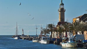 A harbor with boats, a lighthouse, and palm trees. - Hôtel & Spa - Thalazur Port Camargue (Le Grau-Du-Roi)
