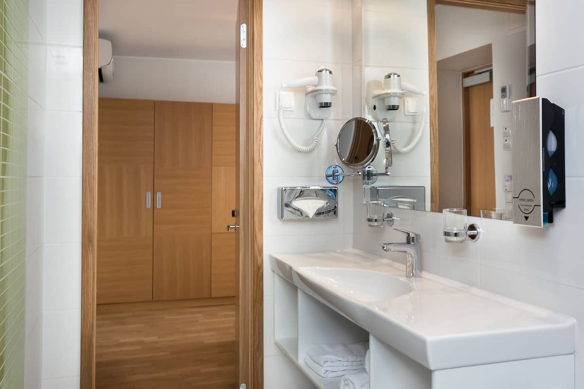 shower, rainfall showerhead, free toiletries, hair dryer