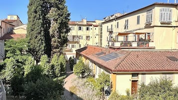 Un cortile con edifici, un albero alto e un vialetto.