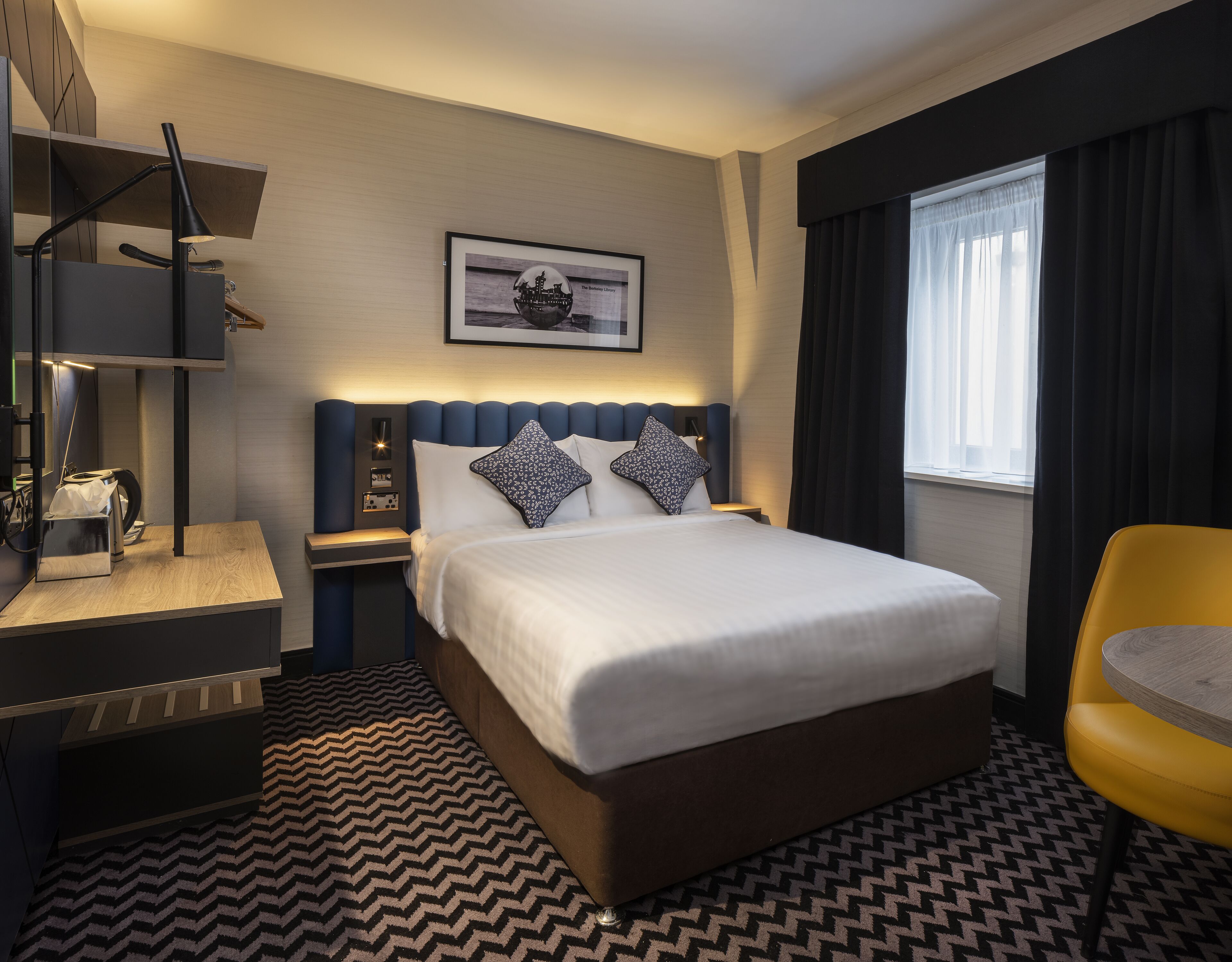 hypo-allergenic bedding, in-room safe, desk, blackout curtains