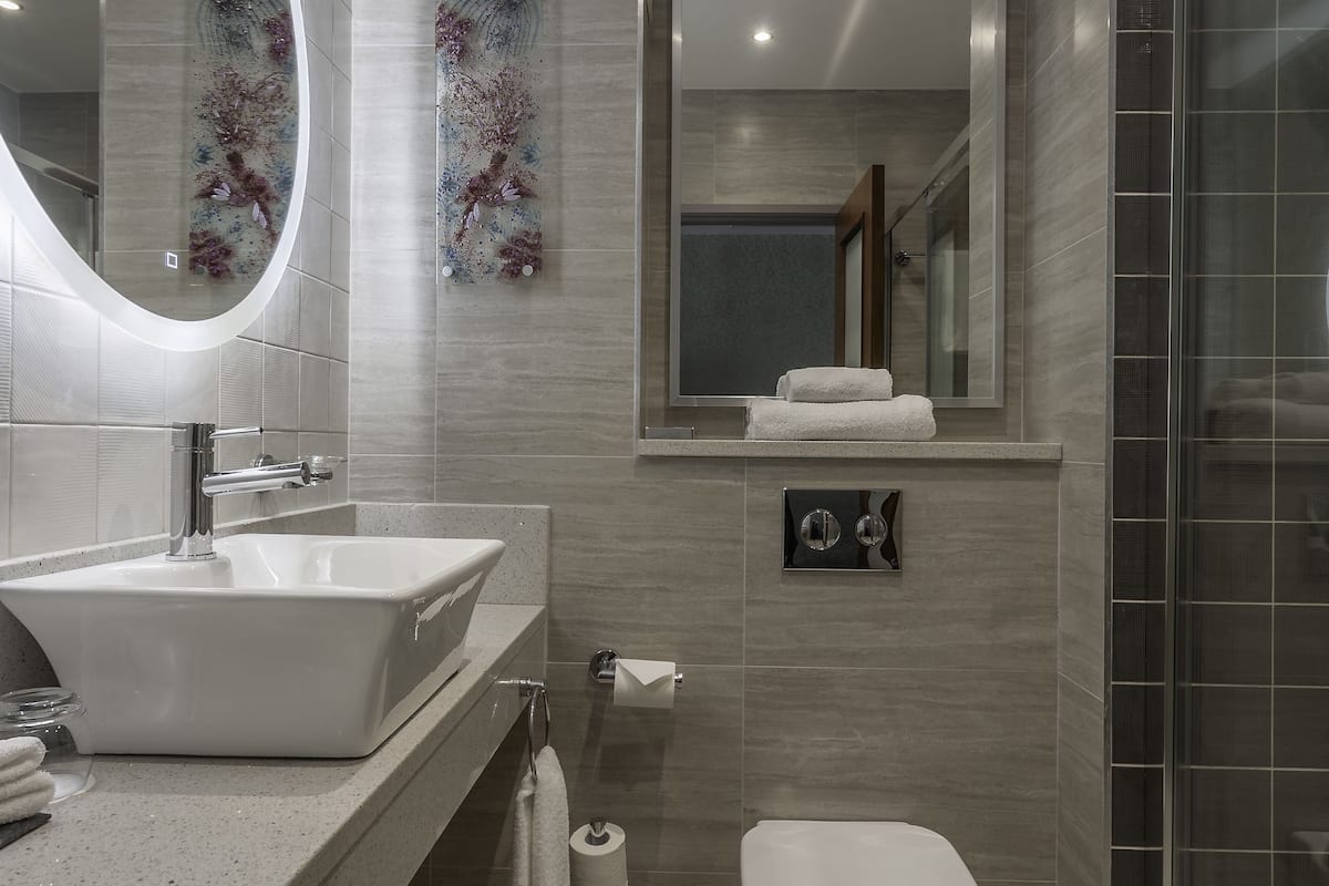 shower, eco-friendly toiletries, hair dryer, towels