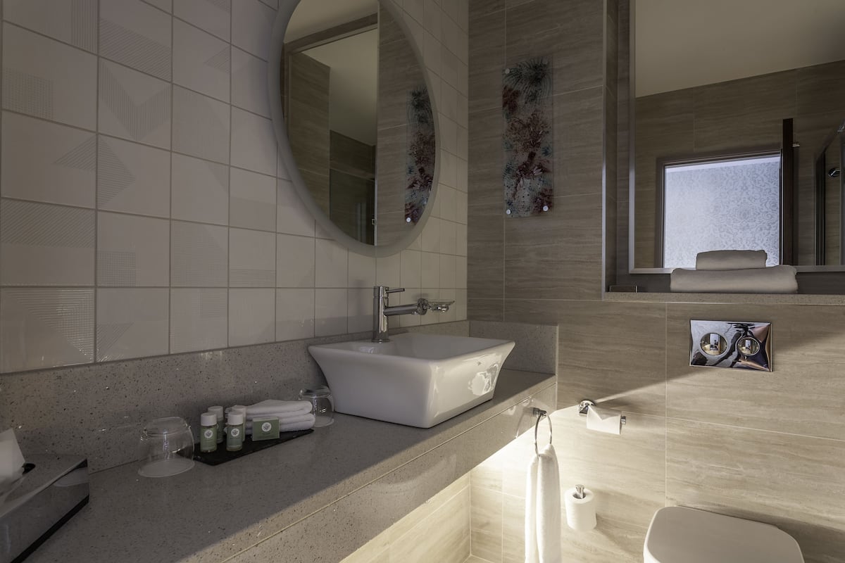 deluxe double or twin room | bathroom | shower, eco-friendly toiletries, hair dryer, towels