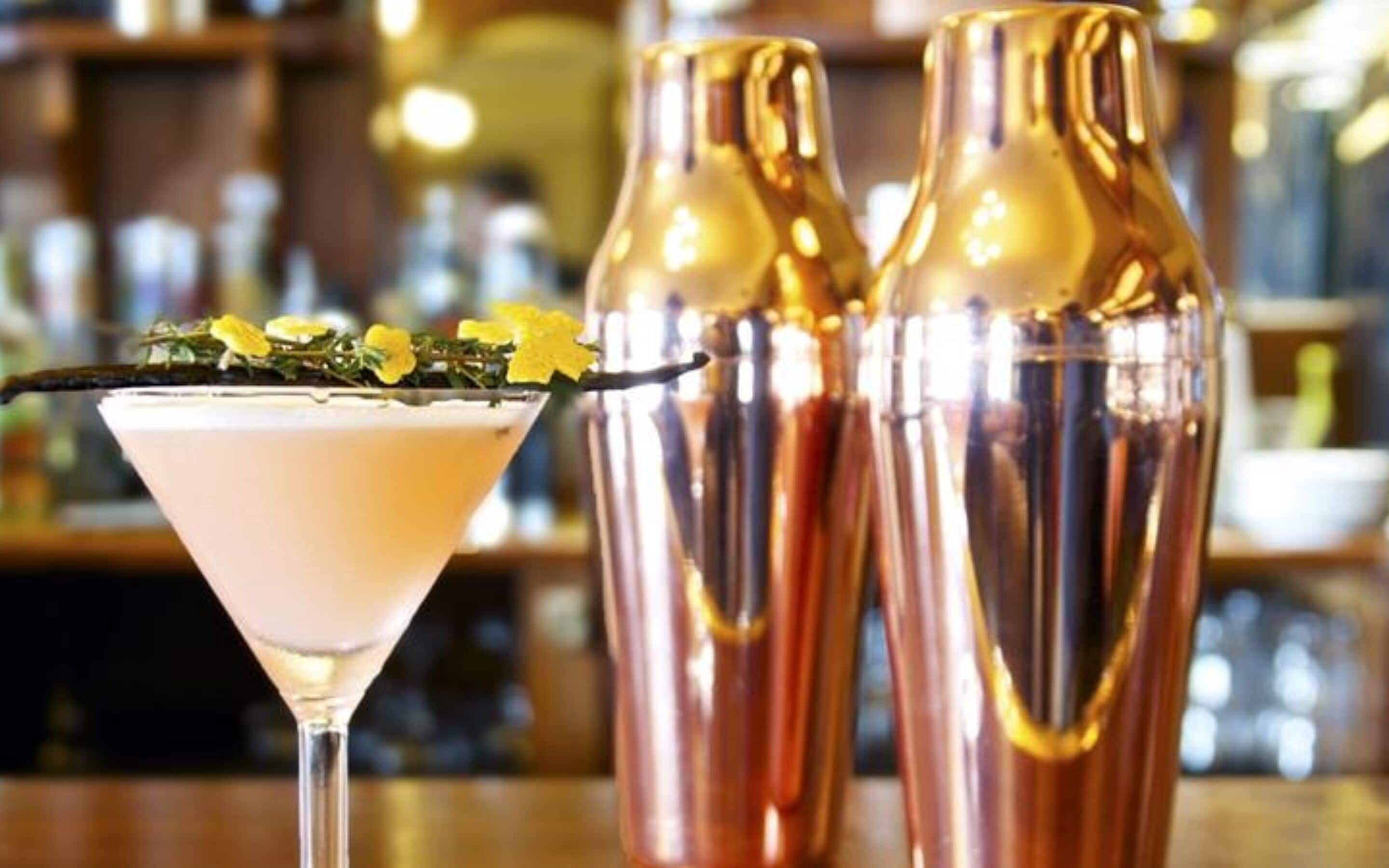 Una copa de martini con adorno sobre una barra, flanqueada por dos cocteleras de cobre.