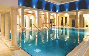 Indoor pool, open 8:00 AM to 7:30 PM, pool loungers