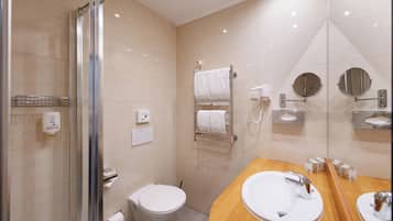 Shower, free toiletries, hair dryer, towels