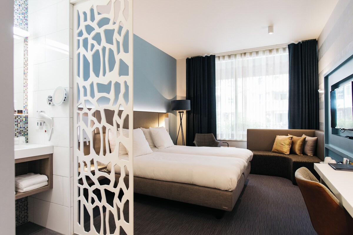 Une chambre d’hôtel comprenant un lit, un canapé, un bureau, une télévision et une salle de bain.