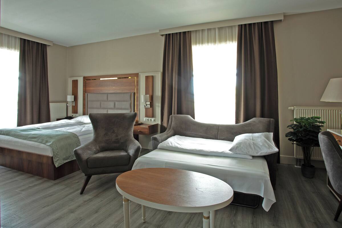 Une chambre d’hôtel avec deux lits, une petite table, une chaise et une plante en pot.
