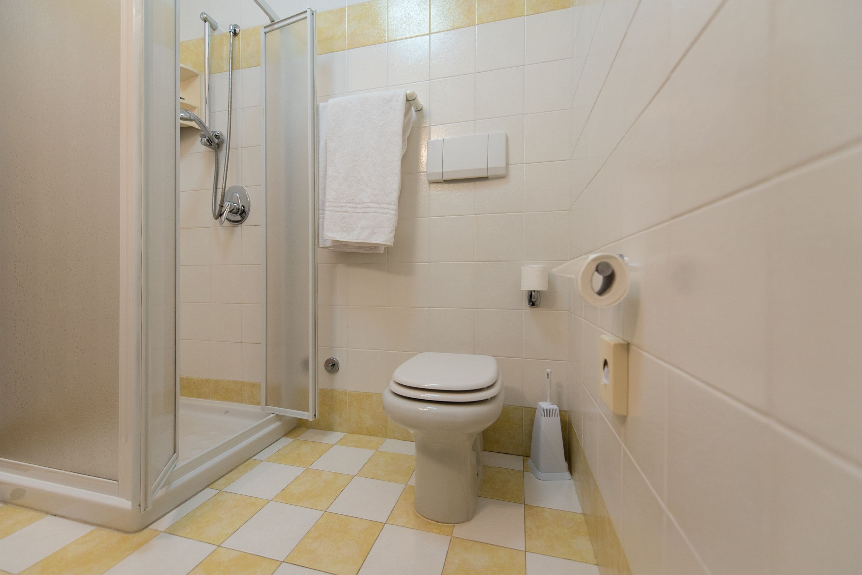 Une salle de bain avec une douche, des toilettes et un porte-serviettes.