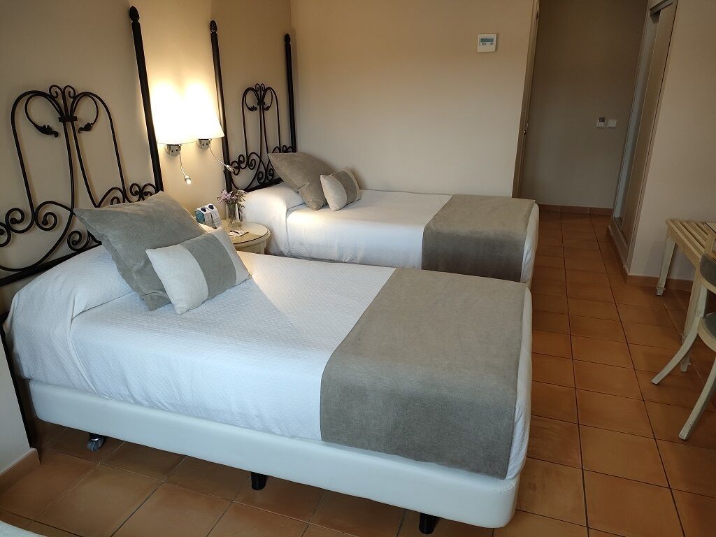 Habitación con dos camas, cada una con colchón blanco y mantas grises, una mesita de noche con lámpara y una pequeña mesa con un jarrón de flores.