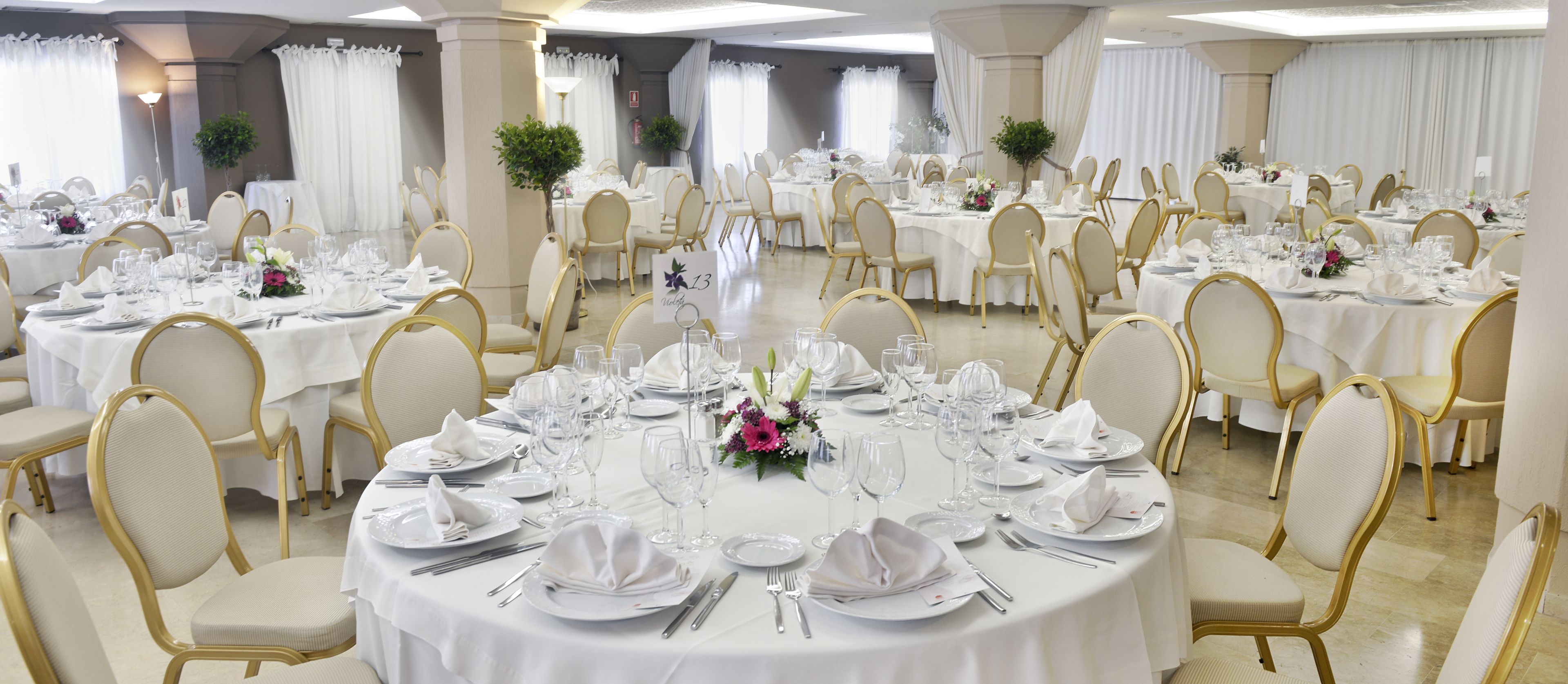 A banquet hall with round tables set for a formal event, featuring white tablecloths, gold chairs, and floral centerpieces.
