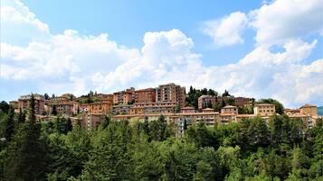 Un quartiere residenziale su una collina con edifici a più piani, vegetazione rigogliosa e cielo sereno.