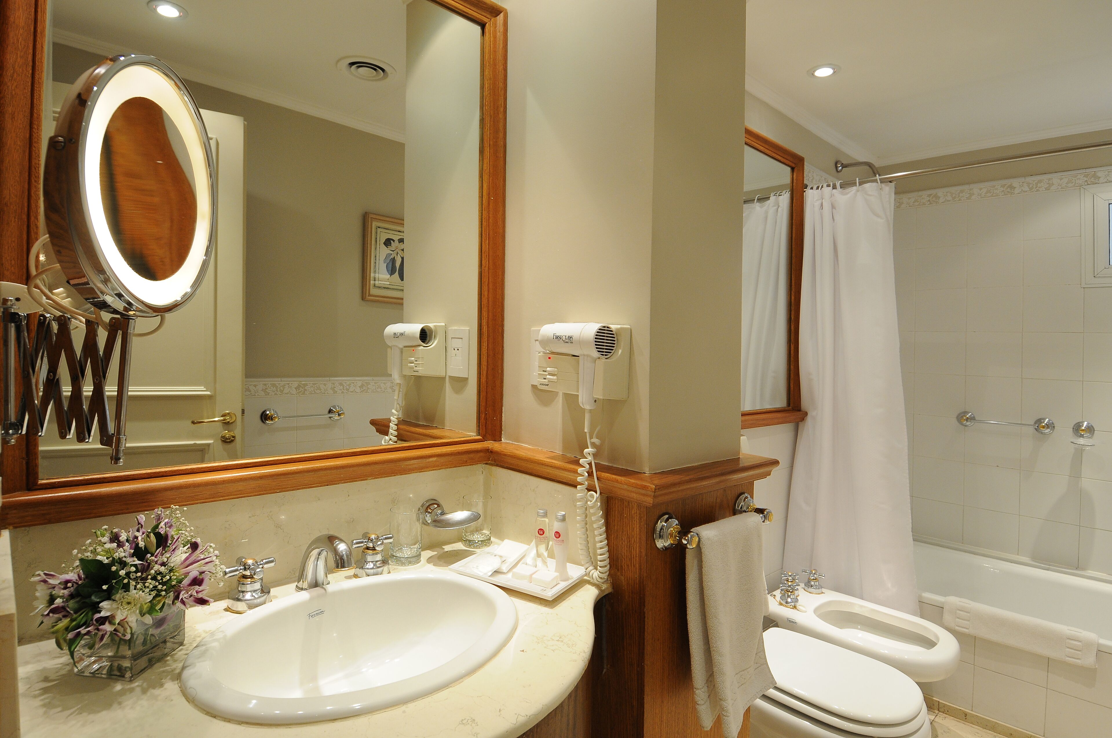 A bathroom with a sink, mirror, hair dryer, and toilet.