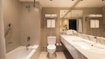 Shower, rainfall showerhead, hair dryer, towels