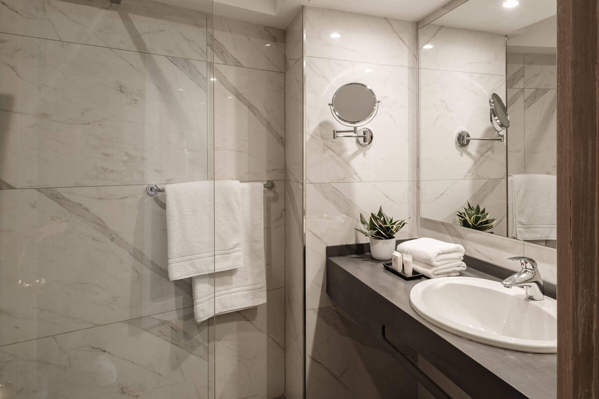 combined shower/bathtub, rainfall showerhead, free toiletries