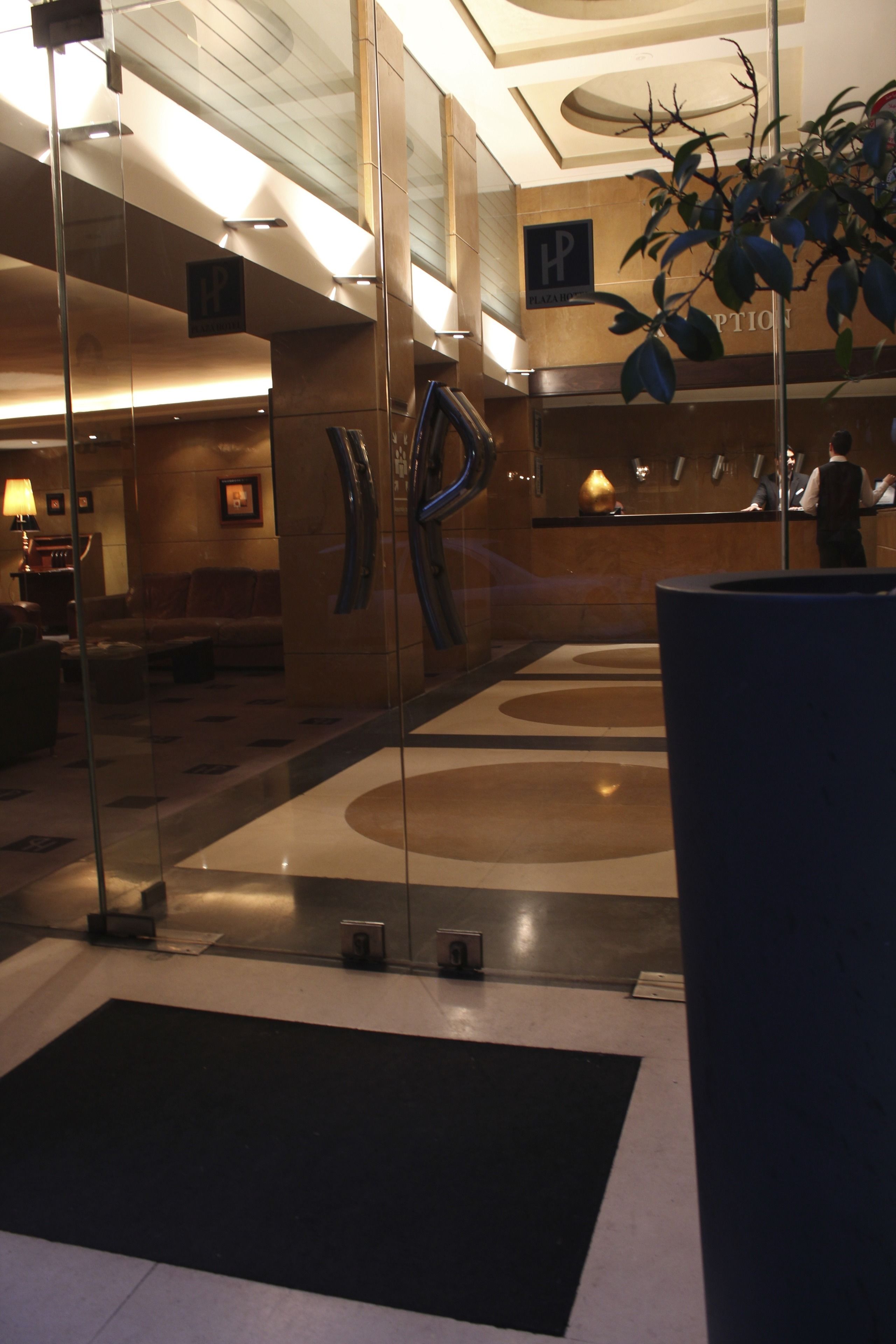A lobby with a reception desk, glass walls, and a large potted plant.