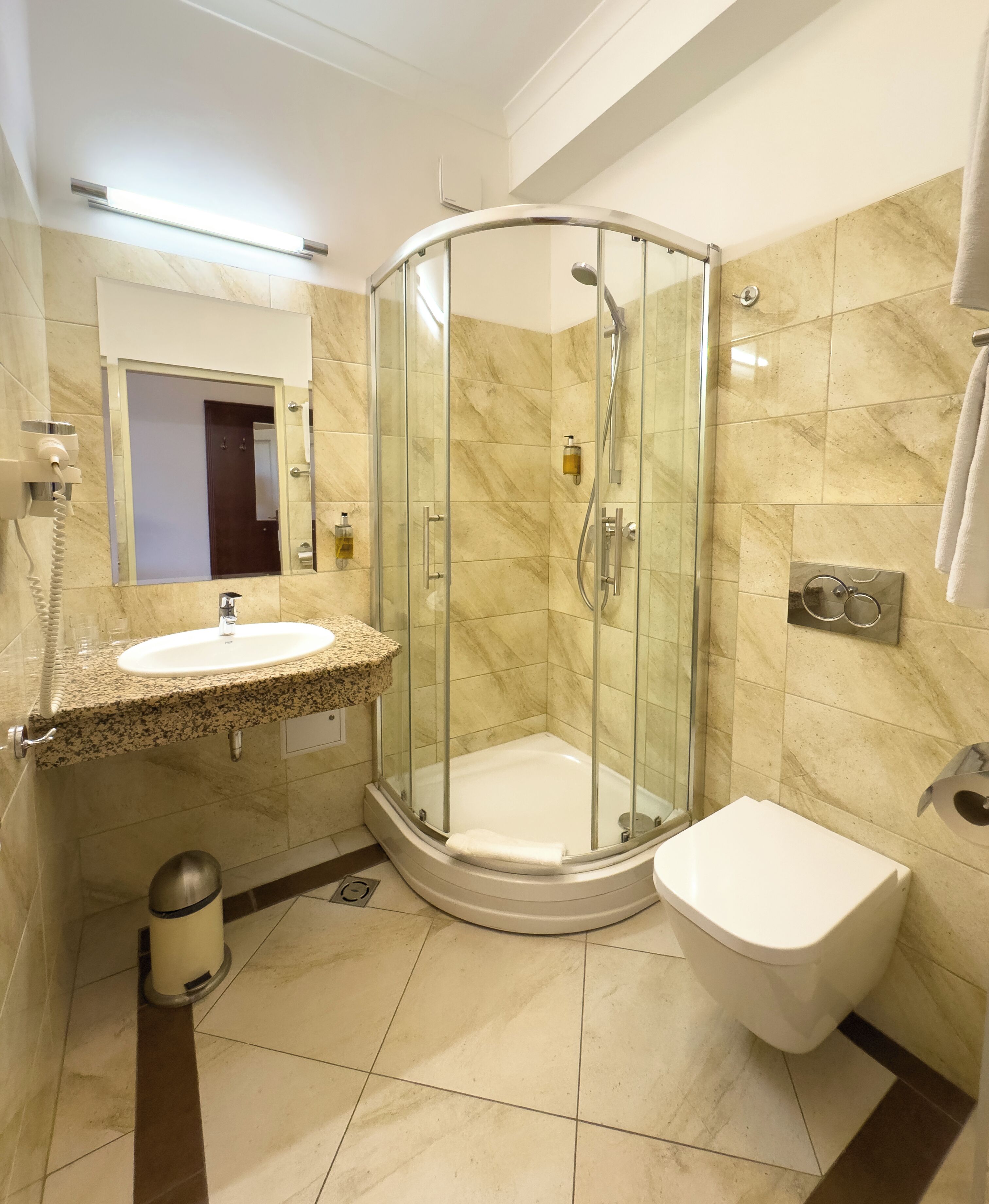 classic double room | bathroom | hair dryer, towels, soap, shampoo