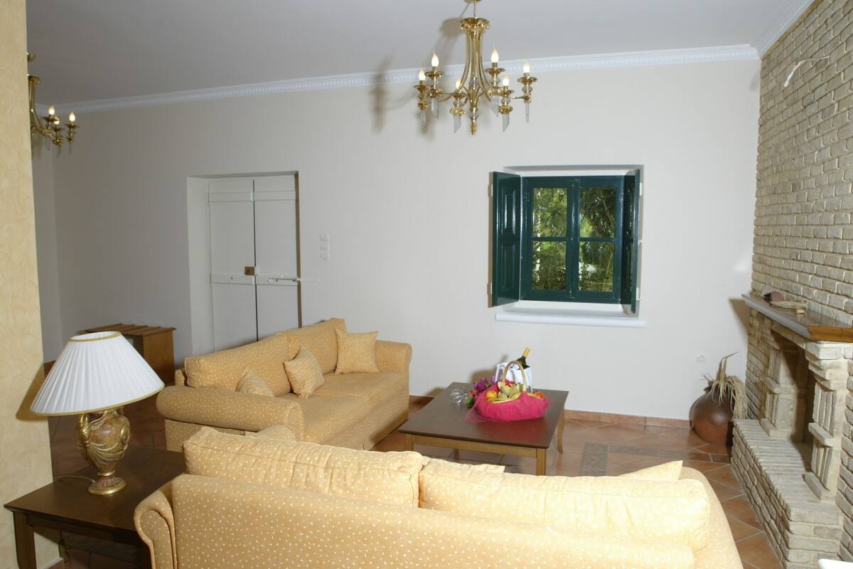 A living room with a sofa, a coffee table, a lamp, a chandelier, a window with shutters, and a fireplace.