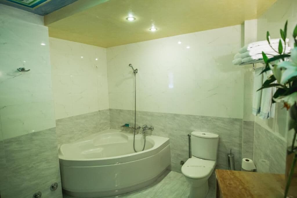 Bagno con vasca freestanding, WC e portasciugamani.