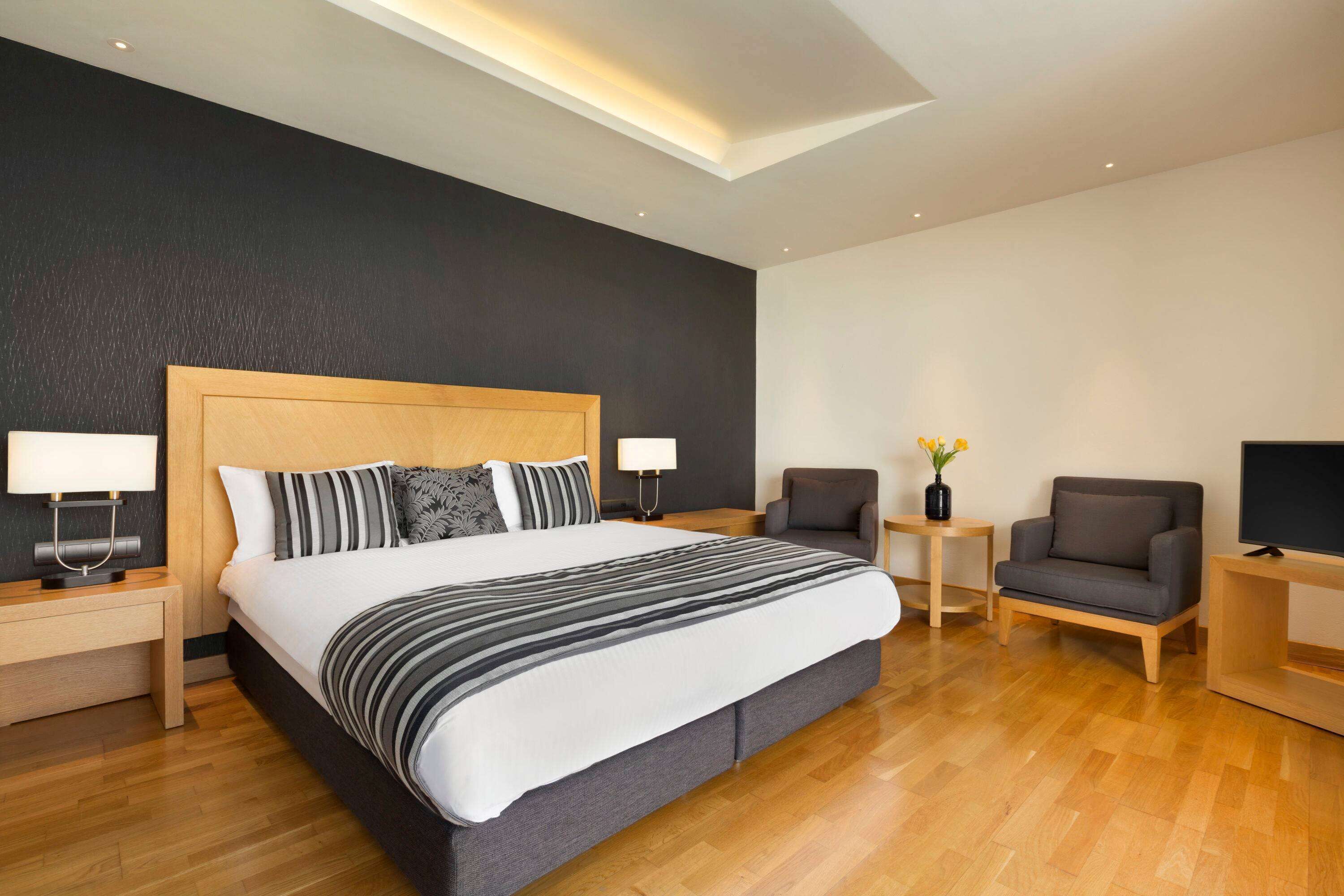 A modern hotel room with a large bed, two bedside tables with lamps, a TV, a grey sofa, and a small table with a plant.