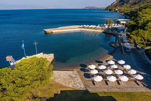 On the beach, sun-loungers, beach umbrellas, beach towels