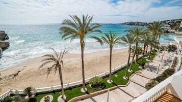 Une vue sur la plage, avec des palmiers, une clôture blanche et une promenade dallée.