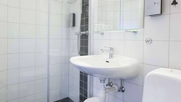 A modern bathroom with a glass shower enclosure, a white sink, and a toilet.