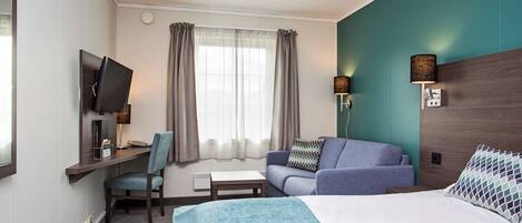 Premium bedding, pillowtop beds, desk, blackout drapes