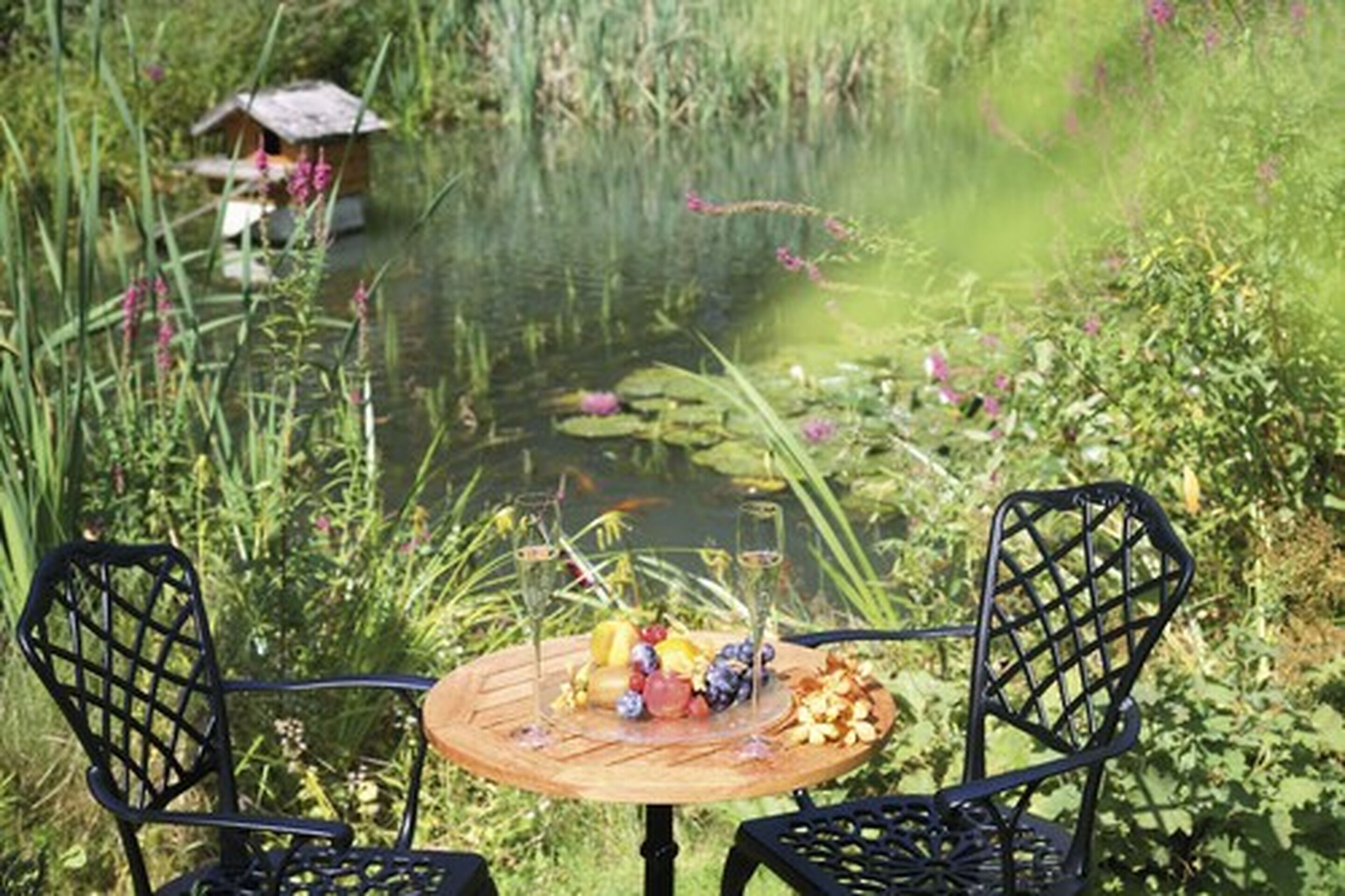 Mesa com arranjo de frutas e copos, rodeada por cadeiras, em um jardim com lago e vegetação.