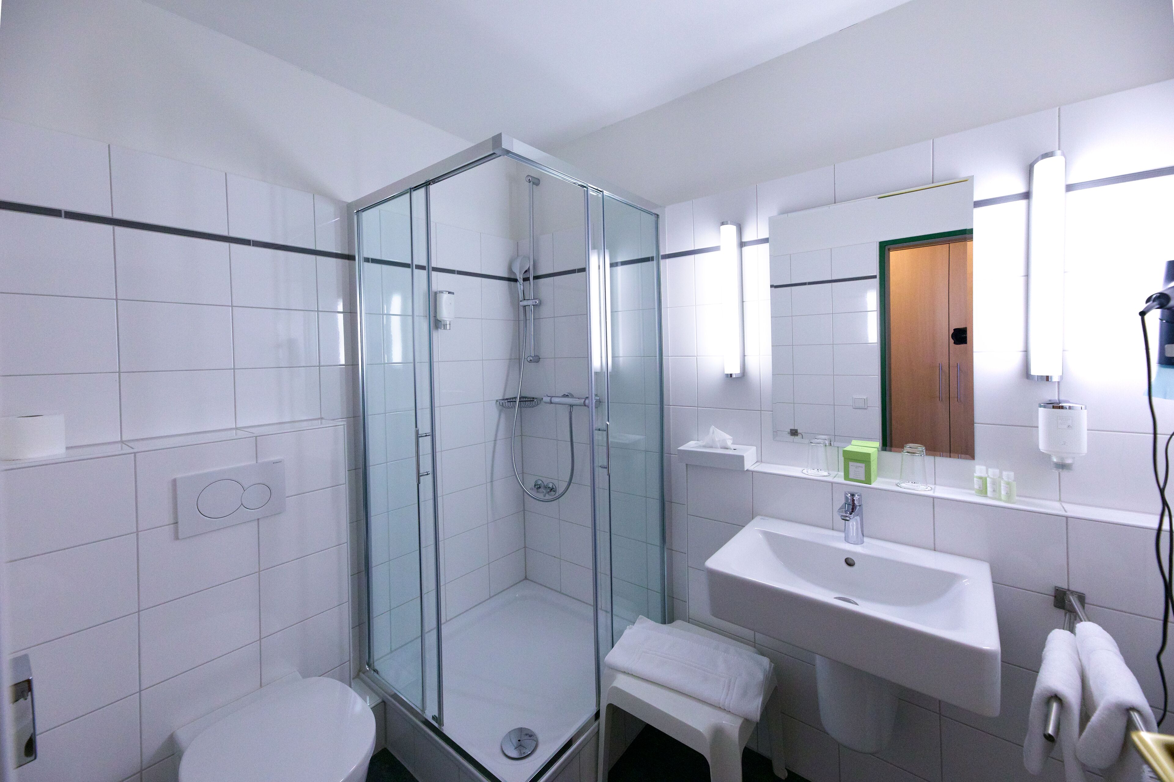 A modern bathroom with a glass-enclosed shower, a white sink, and a toilet.